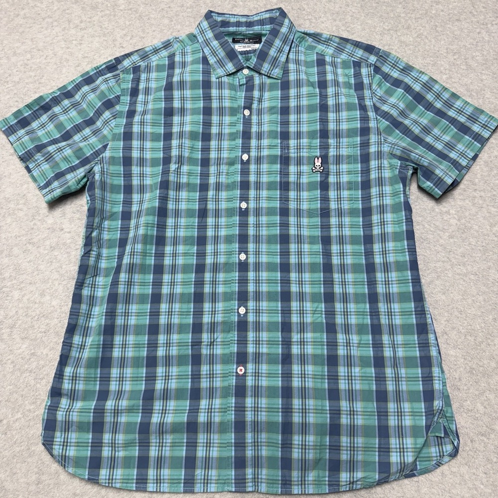 Psycho Bunny Shirt Mens L Green Blue Plaid Short Sleeve Button Up Casual